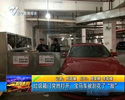 垃圾箱门突然打开 宝马车被刮花了 “脸” 垃圾箱门突然打开 宝马车被刮花了 “脸”