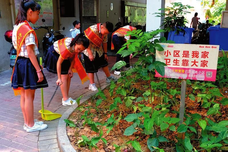 新阳路小学志愿者服务队进社区清理草丛中的烟头