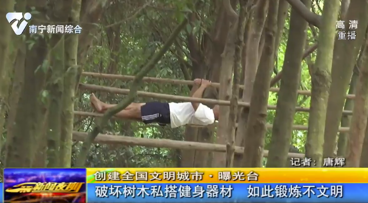 【创建全国文明城市·曝光台】破坏树木私搭健身器材 如此锻炼不文明 【创建全国文明城市·曝光台】破坏树木私搭健身器材 如此锻炼不文明
