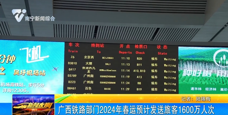 广西铁路部门2024年春运预计发送旅客1600万人次 