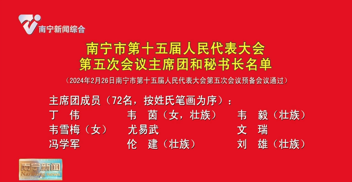 南宁市第十五届人民代表大会第五次会议主席团和秘书长名单