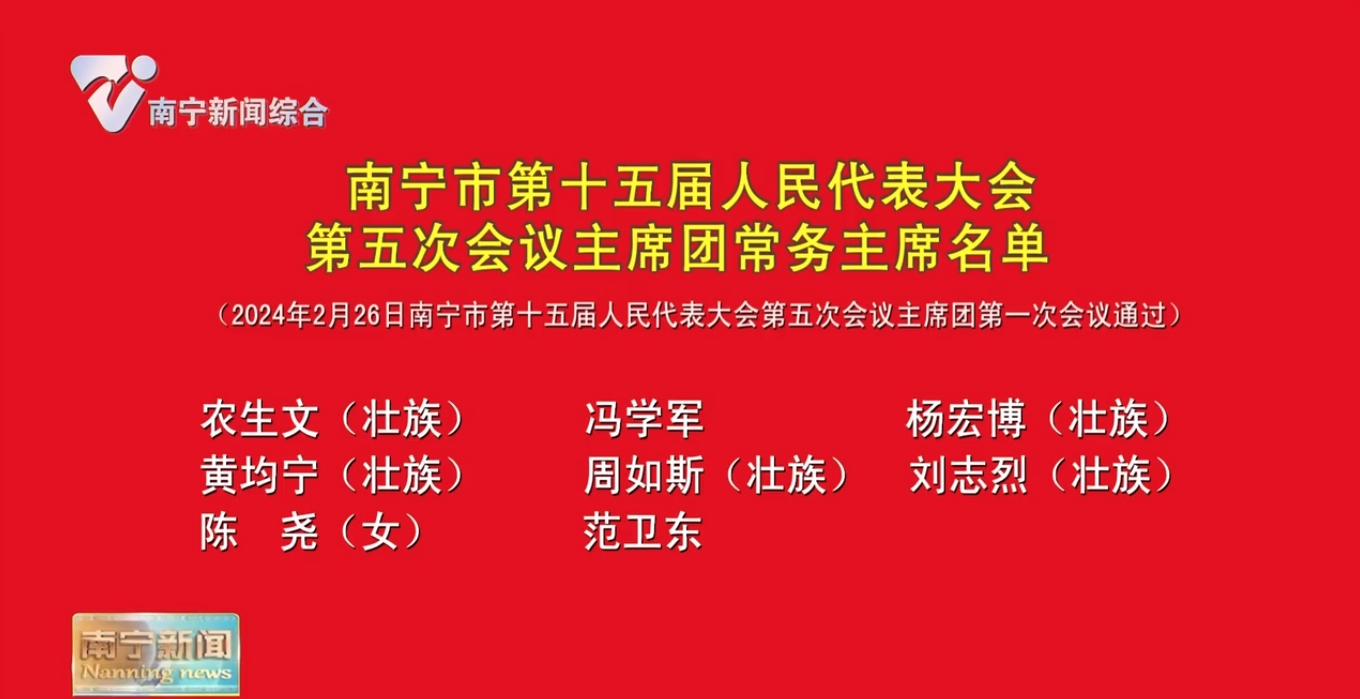 南宁市第十五届人民代表大会第五次会议主席团常务主席名单